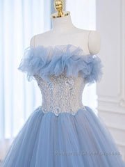A-Line Tulle Lace Blue Long Semi Formal Prom Dresses, Blue Lace Long Formal Dresses