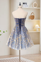 A-Line Tulle Lace Blue Short Semi Formal Prom Dress, Cute Blue Homecoming Dress