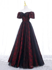 A-Line Tulle Lace Burgundy Long Prom Dress, Burgundy Long Formal Dress