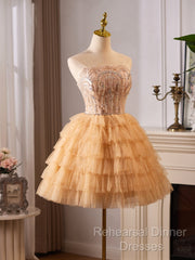 A-Line Tulle Lace Champagne Short Semi Formal Prom Dress, Champagne Homecoming Dress