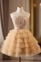 A-Line Tulle Lace Champagne Short Semi Formal Prom Dress, Champagne Homecoming Dress