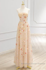 A-Line Tulle Lace Sequin Champagne Long Semi Formal Prom Dress, Champagne Long Formal Dress