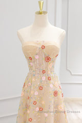 A-Line Tulle Lace Sequin Champagne Long Semi Formal Prom Dress, Champagne Long Formal Dress