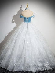 A-Line Tulle Lace White/Blue Long Semi Formal Prom Dress, White/Blue Long Evening Dress