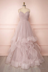 A-Line Tulle Layers Long Formal Dress, Cute V-Neck Evening Party Dress