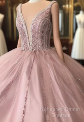 A-Line Tulle Long Formal Dress Pink Semi Formal Prom Dress,