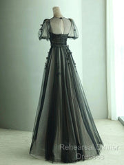 A Line Tulle Long Semi Formal Prom Dress Black Formal Evening Dress
