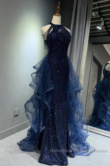A-Line Tulle Sequin Dark Blue Long Semi Formal Prom Dress, Dark Blue Long Formal Dress