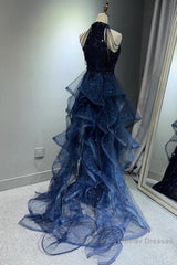 A-Line Tulle Sequin Dark Blue Long Semi Formal Prom Dress, Dark Blue Long Formal Dress