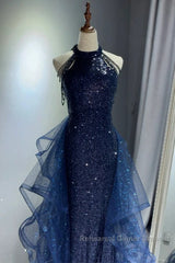 A-Line Tulle Sequin Dark Blue Long Semi Formal Prom Dress, Dark Blue Long Formal Dress