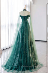 A-Line Tulle Sequin Green Long Semi Formal Prom Dress, Green Formal Evening Dress