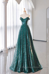A-Line Tulle Sequin Green Long Semi Formal Prom Dress, Green Formal Evening Dress