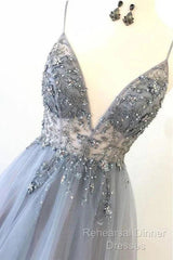 A Line Tulle Spaghetti Straps V Neck Appliques Long Semi Formal Prom Dress Beautiful