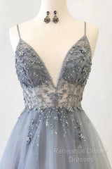 A Line Tulle Spaghetti Straps V Neck Appliques Long Semi Formal Prom Dress Beautiful