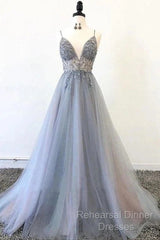 A Line Tulle Spaghetti Straps V Neck Appliques Long Semi Formal Prom Dress Beautiful