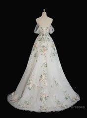 A-Line Tulle With Flower Lace White Wedding Party Dress, White Tulle Evening Dress Semi Formal Prom Dress