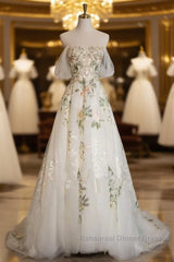 A-Line Tulle With Flower Lace White Wedding Party Dress, White Tulle Evening Dress Semi Formal Prom Dress