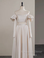 A-Line Two Pieces Satin Champagne Long Semi Formal Prom Dress, Champagne Formal Dress