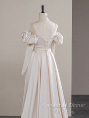 A-Line Two Pieces Satin Champagne Long Semi Formal Prom Dress, Champagne Formal Dress