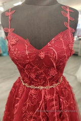 A Line V Neck and V Back Burgundy Lace Floral Long Semi Formal Prom Dresses, Burgundy Lace Formal Evening Dresses
