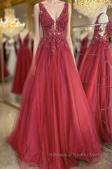 A Line V Neck and V Back Red Lace Floral Long Semi Formal Prom Dresses, Open Back 3D Flowers Red Lace Formal Evening Dresses