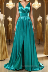 A Line V Neck and V Back Turquoise Long Semi Formal Prom Dresses with Slit, Turquoise Formal Graduation Evening Dresses