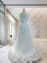 A-Line V-Neck Applique Sweep Train Stretch Crepe Wedding Dress