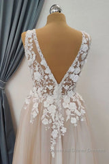 A Line V Neck Appliques Lace Semi Formal Prom Dresses, Lace Formal Graduation Evening Dresses