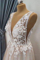 A Line V Neck Appliques Lace Semi Formal Prom Dresses, Lace Formal Graduation Evening Dresses
