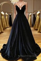 A Line V Neck Backless Black Velvet Long Semi Formal Prom Dresses, V Neck Black Formal Dresses, Black Velvet Evening Dresses
