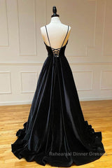 A Line V Neck Backless Black Velvet Long Semi Formal Prom Dresses, V Neck Black Formal Dresses, Black Velvet Evening Dresses