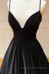 A Line V Neck Backless Black Velvet Long Semi Formal Prom Dresses, V Neck Black Formal Dresses, Black Velvet Evening Dresses