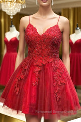A Line V Neck Backless Lace Red Short Semi Formal Prom Dresses Homecoming Dresses, Backless Red Lace Formal Graduation Evening Dresses