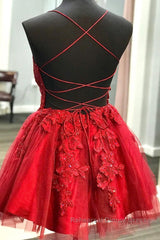 A Line V Neck Backless Lace Red Short Semi Formal Prom Dresses Homecoming Dresses, Backless Red Lace Formal Graduation Evening Dresses