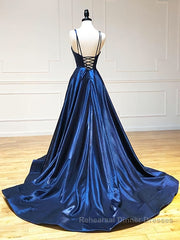 A Line V Neck Backless Navy Blue Semi Formal Prom Dresses, Open Back Navy Blue Formal Evening Dresses
