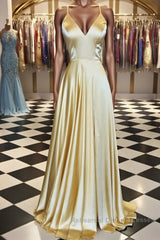 A Line V Neck Backless Yellow Satin Long Semi Formal Prom Dresses, Yellow Backless Formal Dresses, Yellow Evening Dresses