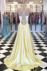 A Line V Neck Backless Yellow Satin Long Semi Formal Prom Dresses, Yellow Backless Formal Dresses, Yellow Evening Dresses