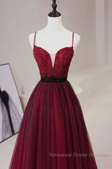 A Line V Neck Beaded Burgundy Tulle Long Semi Formal Prom Dresses, Beaded Burgundy Formal Graduation Evening Dresses