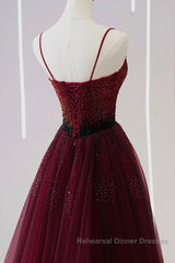 A Line V Neck Beaded Burgundy Tulle Long Semi Formal Prom Dresses, Beaded Burgundy Formal Graduation Evening Dresses