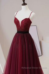 A Line V Neck Beaded Burgundy Tulle Long Semi Formal Prom Dresses, Beaded Burgundy Formal Graduation Evening Dresses