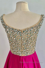 A Line V Neck Beaded Fuchsia Long Semi Formal Prom Dresses, V Neck Fuchsia Formal Dresses, Beaded Fuchsia Evening Dresses