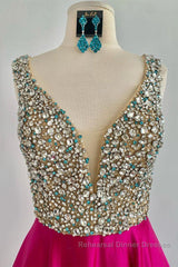 A Line V Neck Beaded Fuchsia Long Semi Formal Prom Dresses, V Neck Fuchsia Formal Dresses, Beaded Fuchsia Evening Dresses