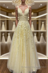 A Line V Neck Beaded Yellow Lace Tulle Long Semi Formal Prom Dresses, Yellow Lace Formal Dresses, Beaded Yellow Evening Dresses