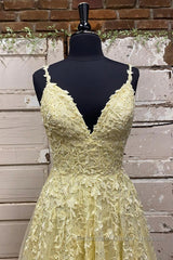 A Line V Neck Beaded Yellow Lace Tulle Long Semi Formal Prom Dresses, Yellow Lace Formal Dresses, Beaded Yellow Evening Dresses