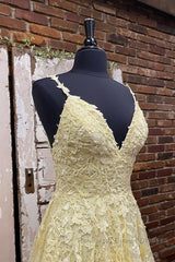 A Line V Neck Beaded Yellow Lace Tulle Long Semi Formal Prom Dresses, Yellow Lace Formal Dresses, Beaded Yellow Evening Dresses