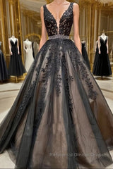 A Line V Neck Black Lace Semi Formal Prom Dresses, Black Lace Formal Evening Dresses