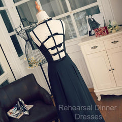 A Line V Neck Black Long Semi Formal Prom Dresses With Corss Back, Black Long Formal Evening Graduation Dresses
