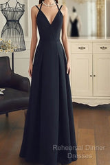 A Line V Neck Black Long Semi Formal Prom Dresses With Corss Back, Black Long Formal Evening Graduation Dresses