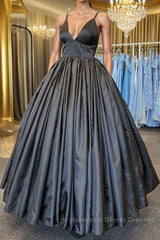 A Line V Neck Black Satin Long Semi Formal Prom Dresses with Pocket, V Neck Black Formal Graduation Evening Dresses