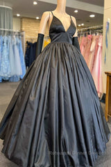 A Line V Neck Black Satin Long Semi Formal Prom Dresses with Pocket, V Neck Black Formal Graduation Evening Dresses